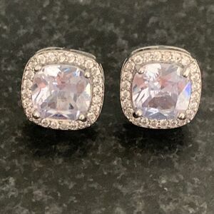 Big Square CZ Crystal Stud Earrings with Pavé Halo in Silver Tone Setting